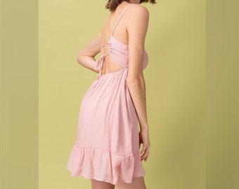 Babydoll Flare Fit Mini Dress. A Line Ruffle Lace, Open Back RibbonTie Straps. Fully Lined Spring Summer in Blush Pink Mother's Gift