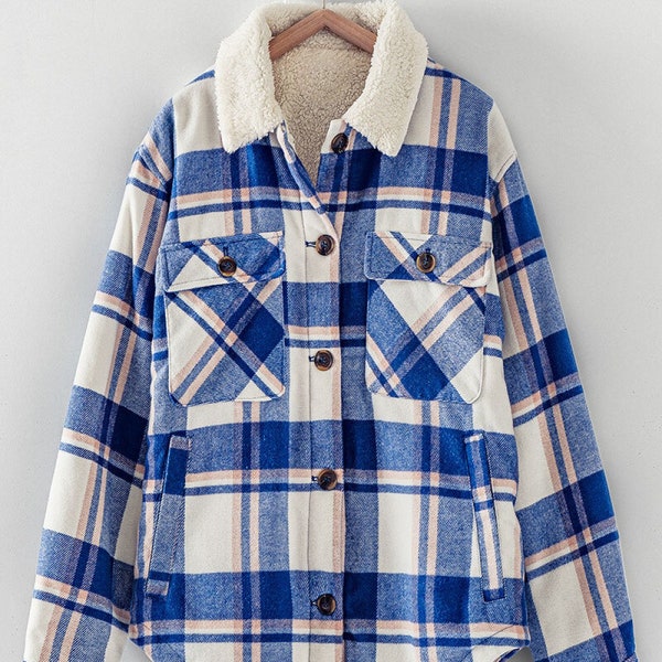 Oversized Plaid Shacket with Sherpa Lining, Warm, Cozy and Versatile, Sherpa Collar, Side Pockets, Flannel Shirt Jacket Holiday Gift for Her