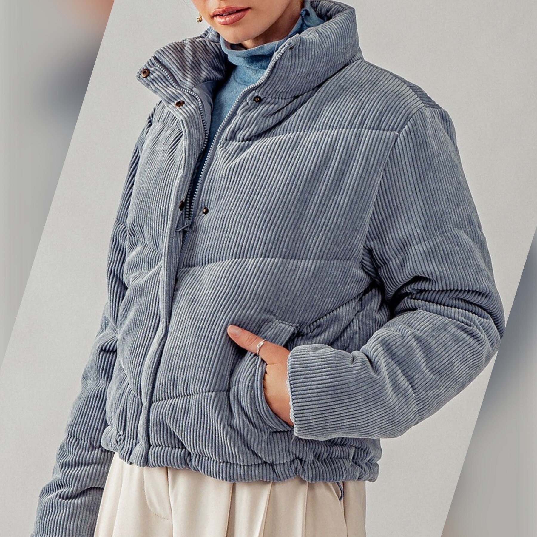 Corduroy Puffer Jacket With Hidden Button and Zipper Closure
