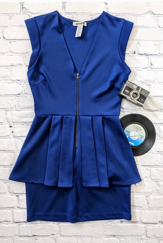 1980s bright blue peplum mini dress with front zip