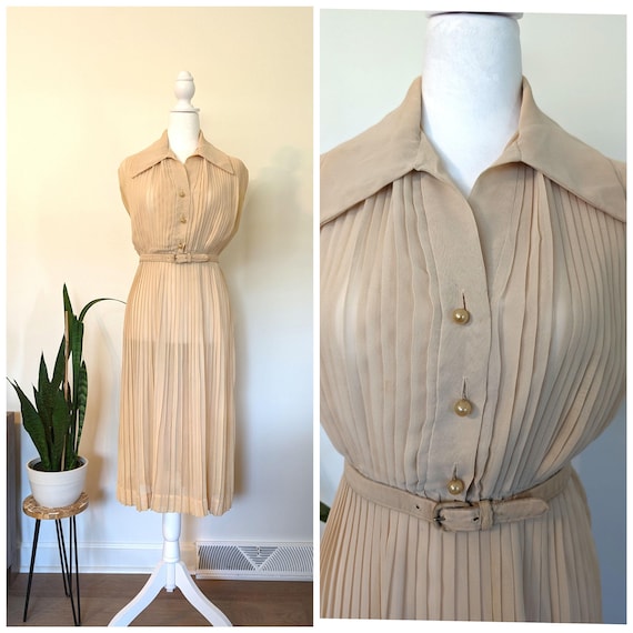 1940/50s cream pleated sleeveless sheer dress nee… - image 1