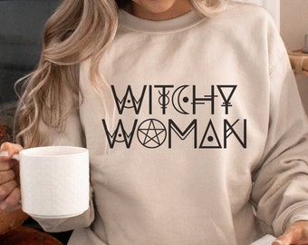 Hexen-Frauen-Sweatshirt, Halloween-Sweatshirt, Damenbekleidung, Herbst-Sweatshirt, Hexe, Oktoberkleidung, Rundhalsausschnitt, Hexenpullover, Magie