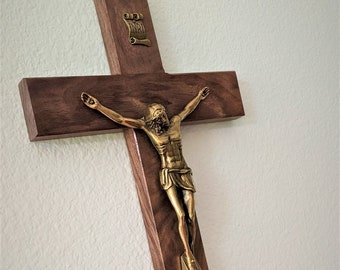 Large Wall Crucifix - 15"  with Bronze or Silver color corpus! , catholic gift-Advent Gift-baptism gift-wood cross-Walnut wood cross