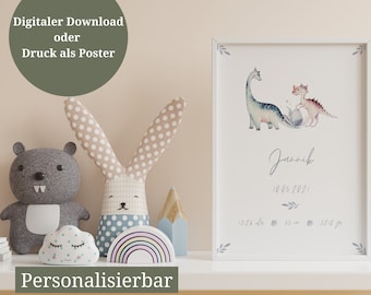 Geburtsposter | Geburtsposter Junge | Dino | Dinosaurier | Kinderzimmer | Namensposter | Babyzimmer | Geschenk Geburt personalisiert