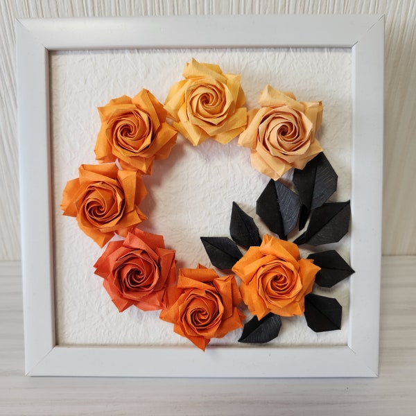 Origami Art, Wreath, Bouquet "orange x black", Origami Rose, Paper Flower, 17 cm (6.7") x 17 cm (6.7"), Gift, Collection