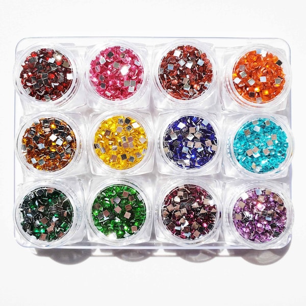 Square Crystal Drills Sample Set of 12 colors Rainbow 600 pcs Crystal Drills  5D Diamond Painting Drills Beads in Jars