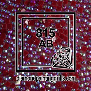 May include: Close-up of a pile of small, square, red iridescent rhinestones. The rhinestones are arranged in a random pattern. The text "815 AB" is visible in the center of the image. The text "diamondpaintingdrills.com" is visible at the bottom of the image.