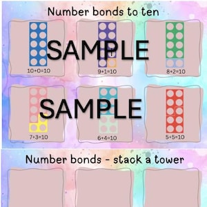 May include: A printable worksheet with colorful illustrations of ladybugs and number bonds to ten. The worksheet includes the equations 10+0=10, 9+1=10, 8+2=10, 7+3=10, 6+4=10, and 5+5=10.