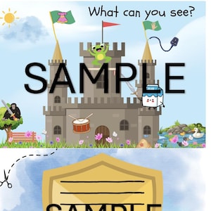 Pode incluir: Uma ilustração colorida de um castelo com um sapo no topo, um tambor, uma espada, uma caixa de leite, uma mão, um sol, um vestido, um banco, um pato e um lago. O texto "What can you see?" está no topo da imagem. O texto "I can see..." está na parte inferior da imagem.