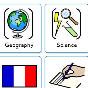 May include: A set of eight colorful icons representing different school subjects: History, Geography, Science, Art, Spanish, French, Writing, and English. Each icon features a symbolic image related to the subject.