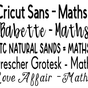 Pu&ograve; includere: Un'immagine ravvicinata di cinque diversi stili di font, ognuno con la parola "Maths" scritta nel font. I font sono Cricut Sans, Babette, DTC Natural Sands, Drescher Grotesk e Love Affair.