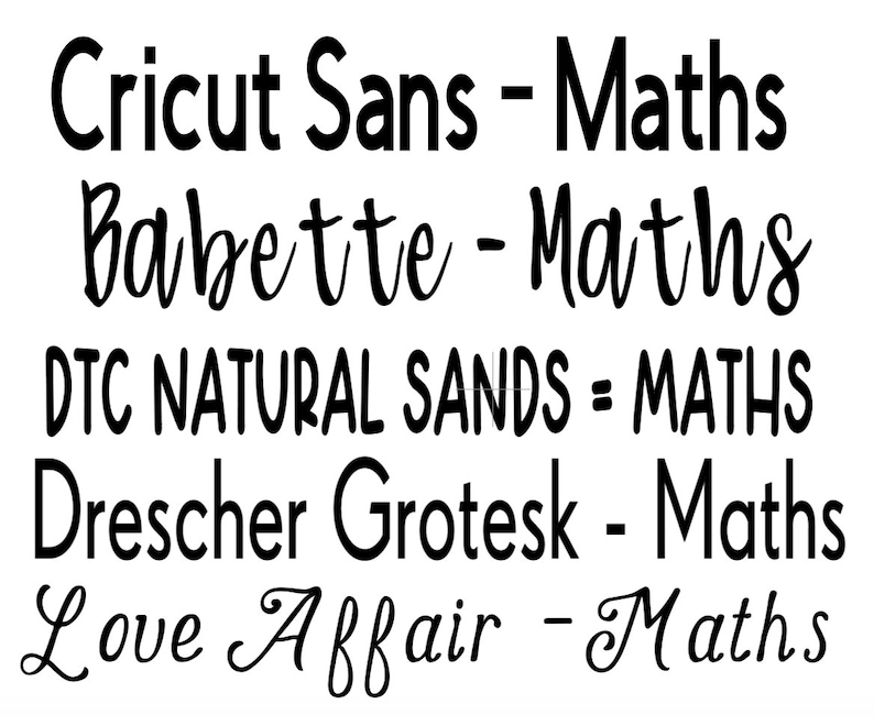 Pu&ograve; includere: Un'immagine ravvicinata di cinque diversi stili di font, ognuno con la parola "Maths" scritta nel font. I font sono Cricut Sans, Babette, DTC Natural Sands, Drescher Grotesk e Love Affair.