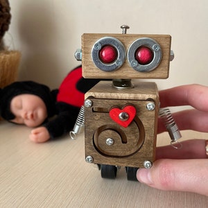 Wooden robot, travel toy, college student gift, funny office dec, valentines day gift