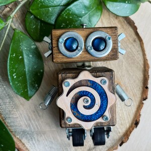 Handmade wooden robot sculpture fancy baby shower decor gift Blue