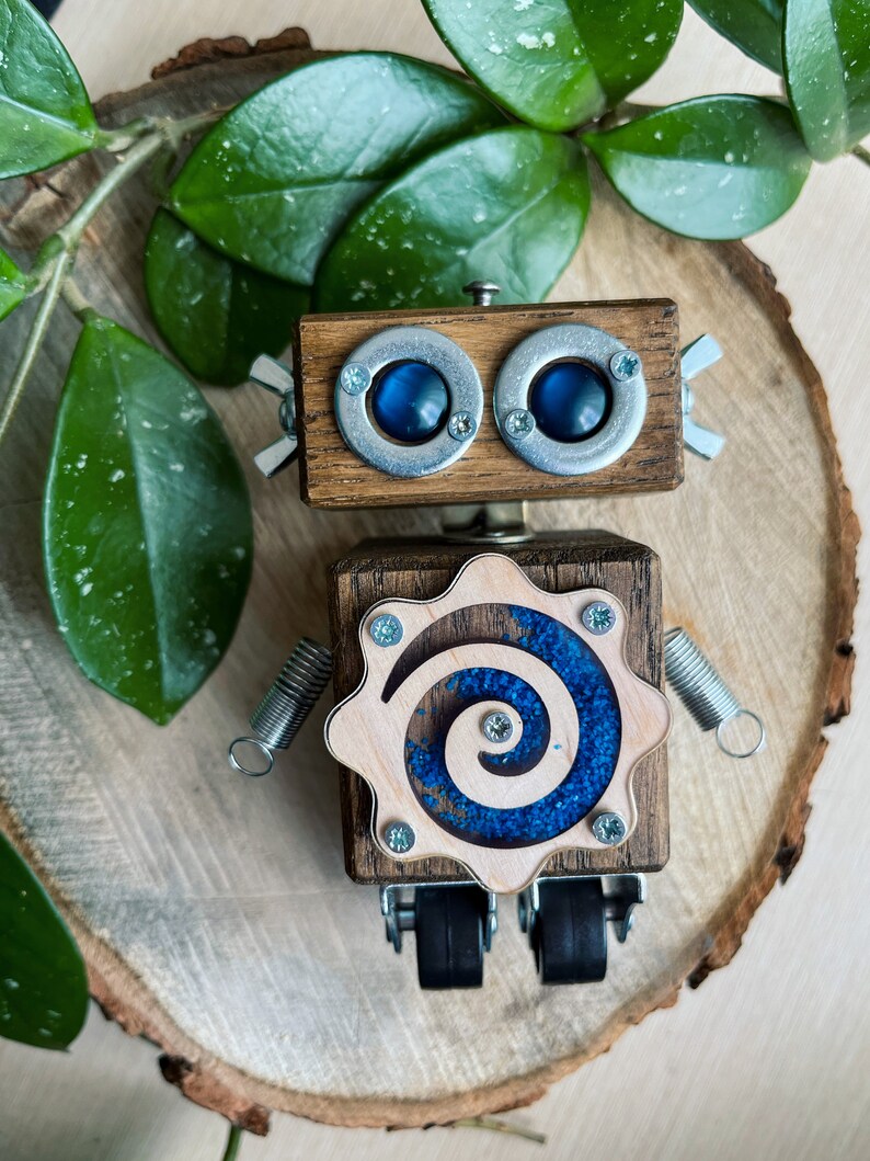 Handmade wooden robot sculpture fancy baby shower decor gift Blue