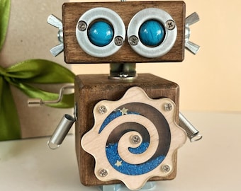 Handmade Wooden Robot Sculpture: Quirky Desk Decor, Student Gift