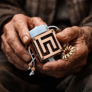 May include: A wooden puzzle box with a maze design, held in hands. The box has a light blue top and is accented with brass-colored metal and dark wood. A gold-colored ring and a string with wooden beads are also visible.