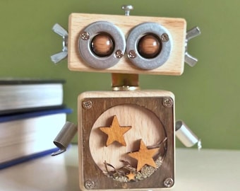 Handmade Wooden Robot Sculpture: Quirky Desk Decor, Student Сute gift