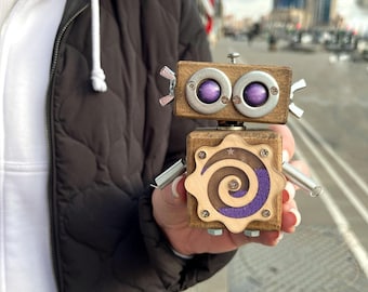 Handmade Wooden Robot Sculpture: Quirky Desk Decor, Student Gift