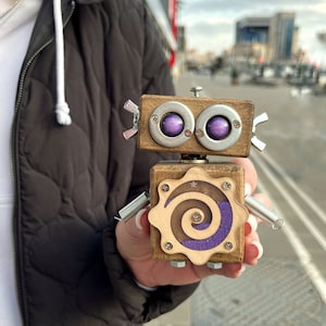 Handmade Wooden Robot Sculpture: Quirky Desk Decor, Student Gift