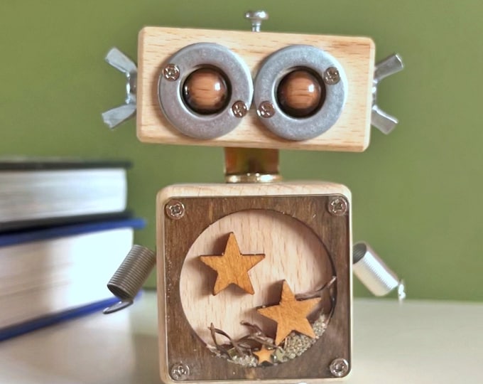 Student cute gift handmade wooden robot , sculpture, quirky decor, unique gift, nerdy, Christmas gift