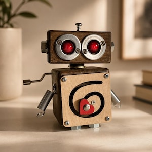 May include: A wooden robot figure with a dark brown rectangular head featuring two red circular eyes and silver metal accents. The body is a light wood square with a dark spiral cutout and a small red heart shape attached to the front center.