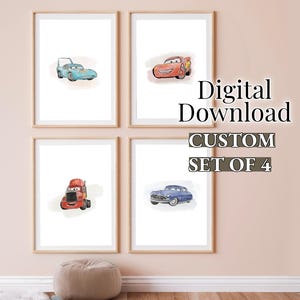 May include: Set of four printable art prints featuring Cars characters. The prints feature Lightning McQueen, Mater, a blue car, and a red truck. The prints are in a white frame and are ready to be printed and displayed in your home.
