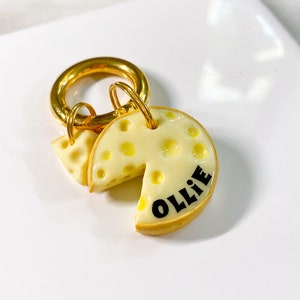 Käse-Anhänger mit einem Käse-Scheiben-Charm | Personalisierte Haustiermarken Foodie Tag Polymer Clay Haustier Namen Tags Haustier-Tags für kleine große Hunde handgemacht
