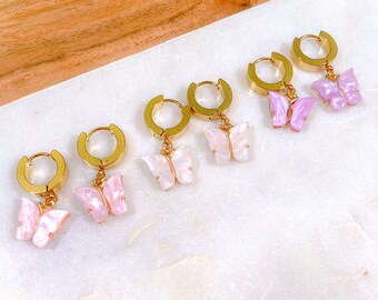 Butterfly Charm Huggies | Lightweight earrings, Handmade in Canada, Hypoallergenic earrings, Pink earrings, Acrylic earrings, Gifts for her