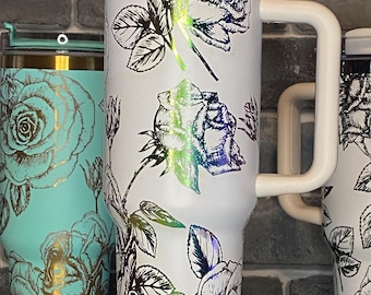Roses Laser Engraved Tumbler - Custom Floral Drinkware - Perfect Gift for Garden Lovers, Birthdays, and Special Occasions