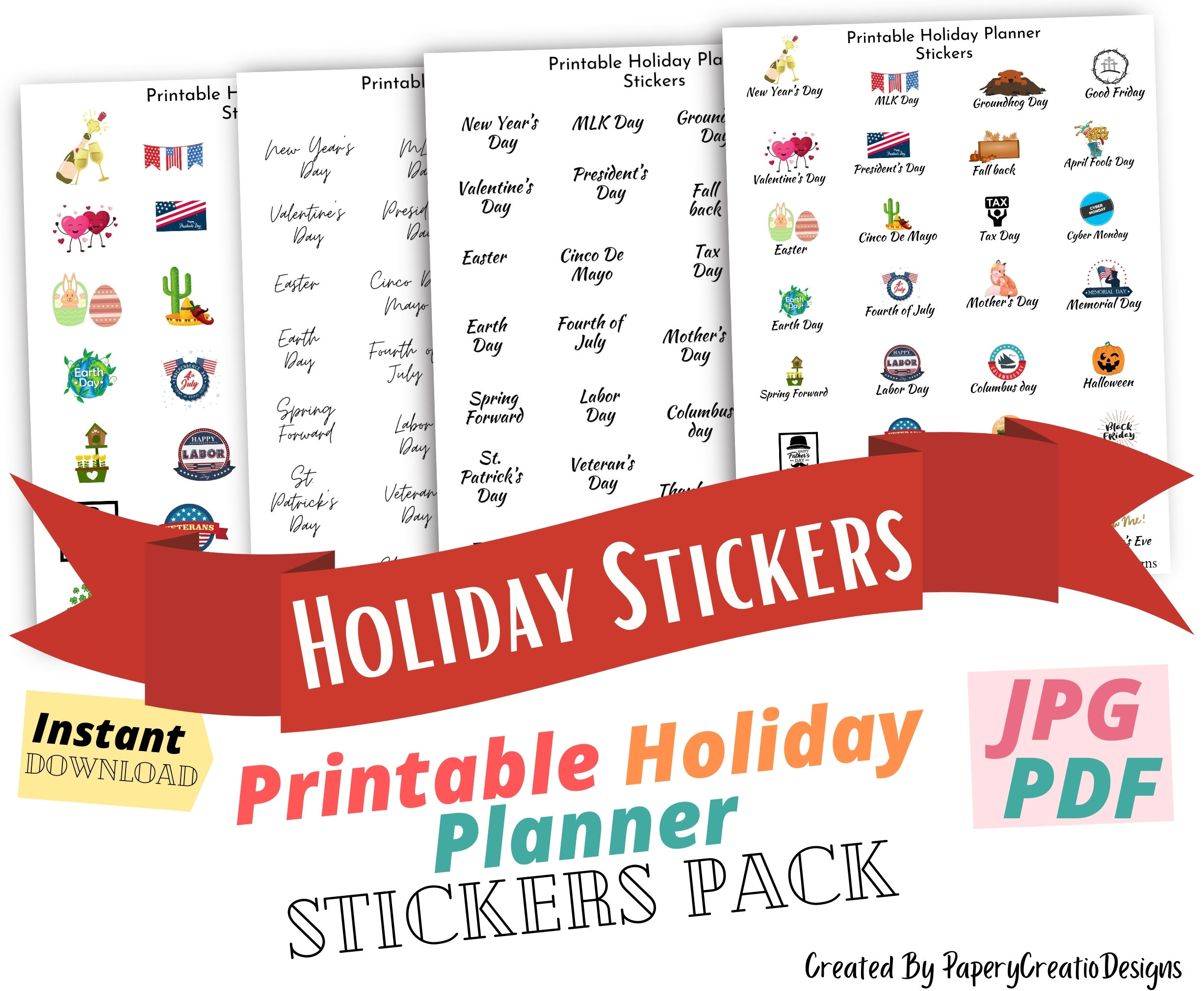 Printable Holiday Planner Stickers, Holidays Icons Planner Stickers,  Holiday Script Word Stickers for Planner, Calendar, Journal or Notebook 