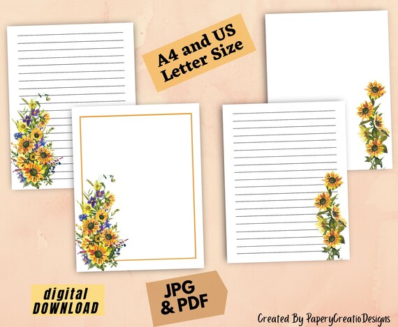 Printable Stationery Sunflower Watercolor 8.5x11 Letter A4 - Etsy