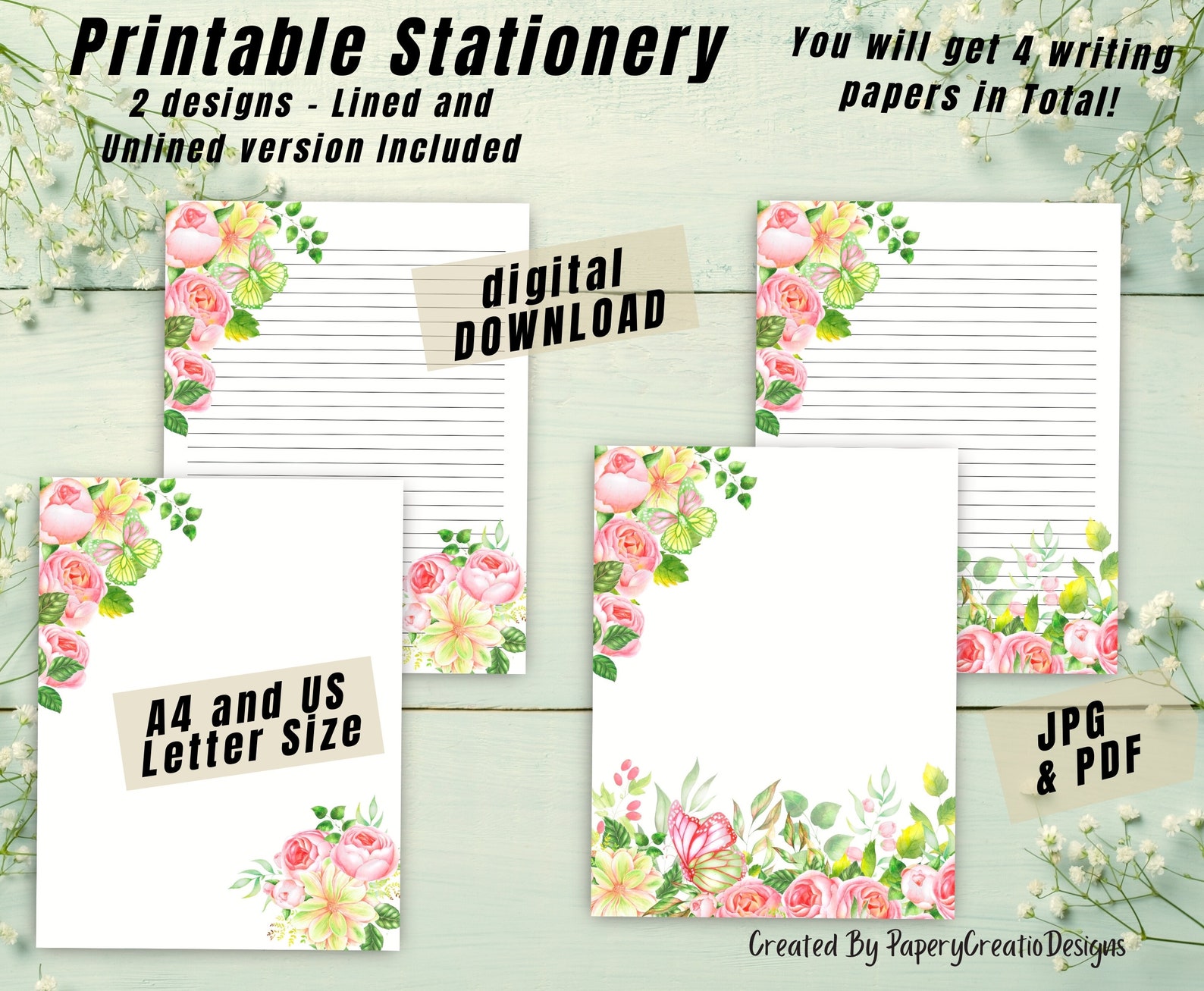 Watercolor Printable Stationery Vintage Roses 8.5x11 A4 | Etsy