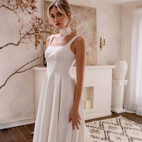 Modest wedding dress Square Neckline dress  Crepe Satin Wedding Dress | Sleeveless Minimalist Bridal Classy Wedding Gown -  Willis