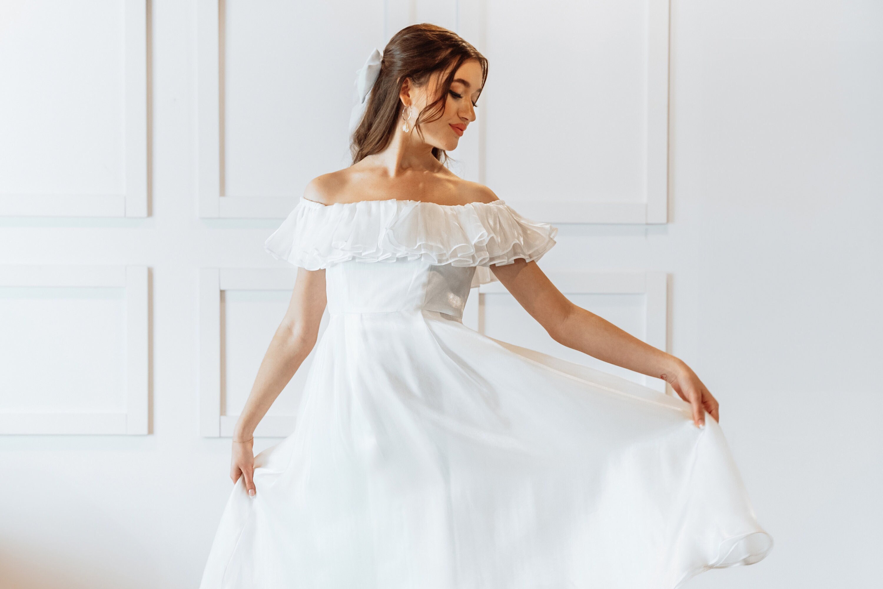 White off the shoulder floor length dress 2025