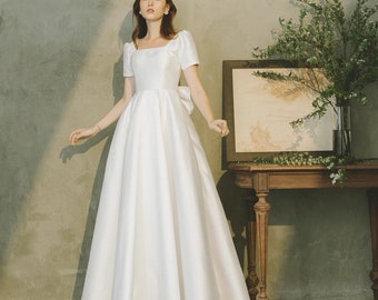 Modest wedding dress ANNIE minimal wedding dress | Simple short sleeves wedding dress satin wedding dress A-line silhouette Elopement dress