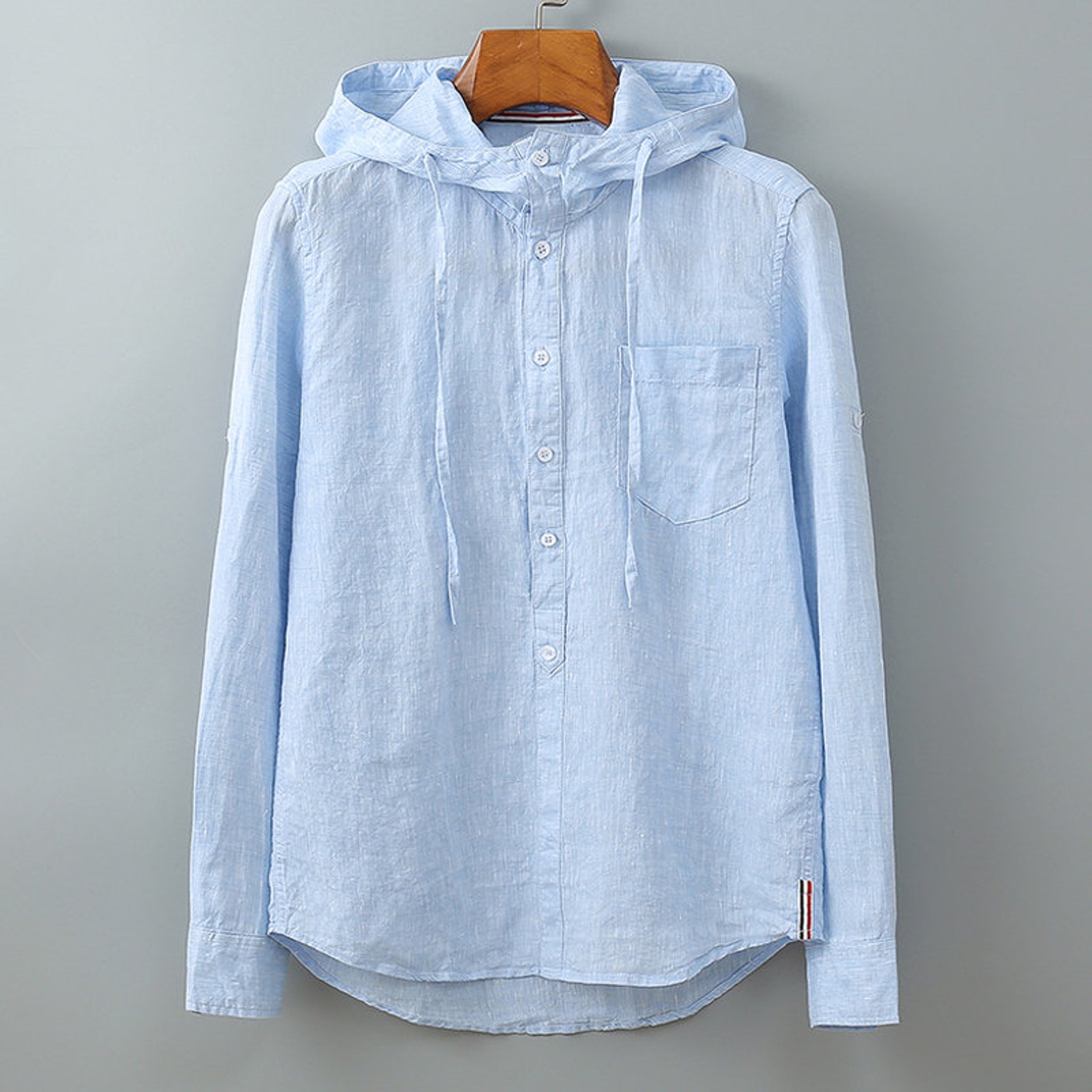 100Pure Linen Men Long Sleeve Hooded Shirt Solid White Blue Etsy