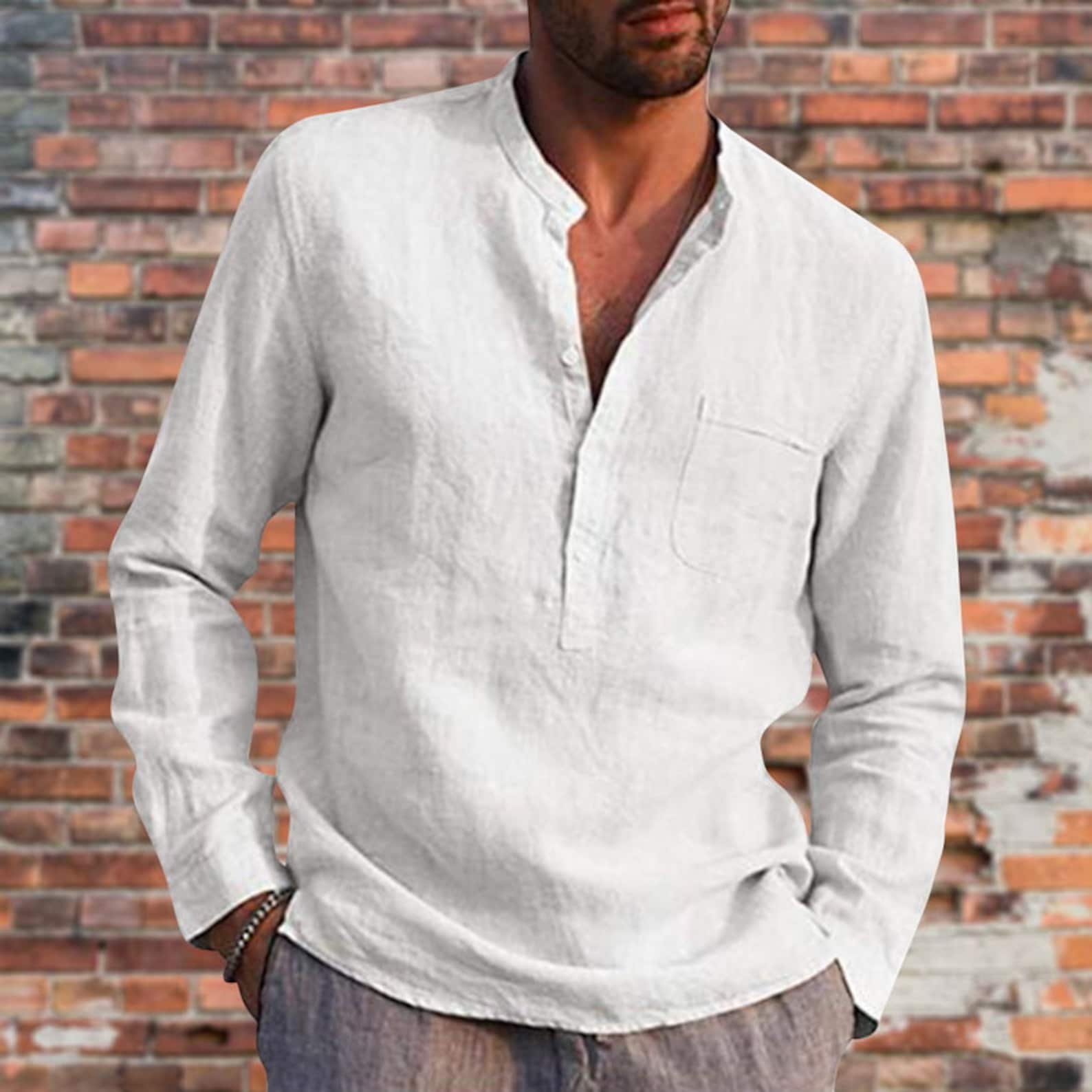 Men's Cotton Linen Henley Shirt Long Sleeve Hippie Casual Etsy
