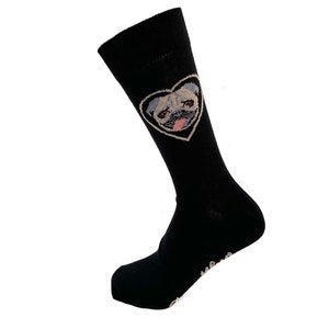 May include: Black knee-high socks with a white heart-shaped design featuring a pug's face.