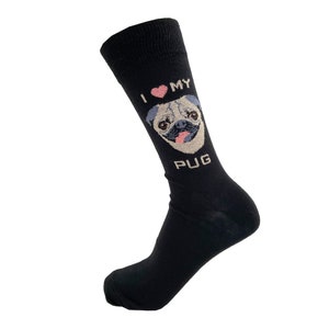 May include: Black socks with a white pug face and the text "I love my pug" in white.