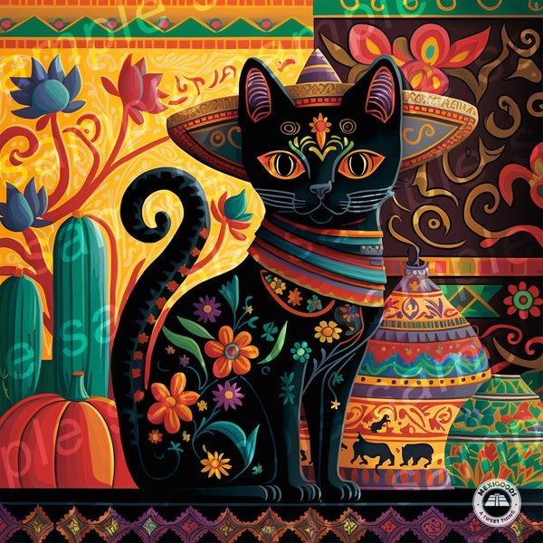 Cat Art| Mexican Art Print | Mexican Kitchen Decor | Mexican Decor | Mexico Wall Print | Mexican Print - DIGITAL DOWNLOAD ONLY