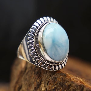 Natural Larimar Ring: Handmade 925 Sterling Silver Plated Gemstone