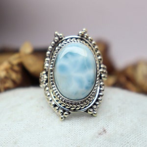 Handmade Natural Larimar Ring: Sterling Silver Plated Gemstone