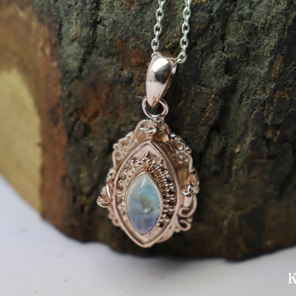 Pendentif pierre de lune, Rainbow Moonstone Poison Locket pour collier-Plaqué or rose, pendentif fait main, pierre de naissance de juin, boîte à pilules, cadeau pour elle,