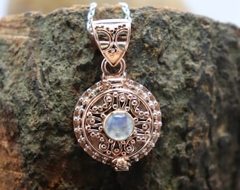 Rainbow Moonstone Poison Locket, Rose Gold Plated Pill Box Pendant