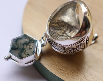 Moss Agate Hexagon Poison Ring, Silver Plated Snuff Ring