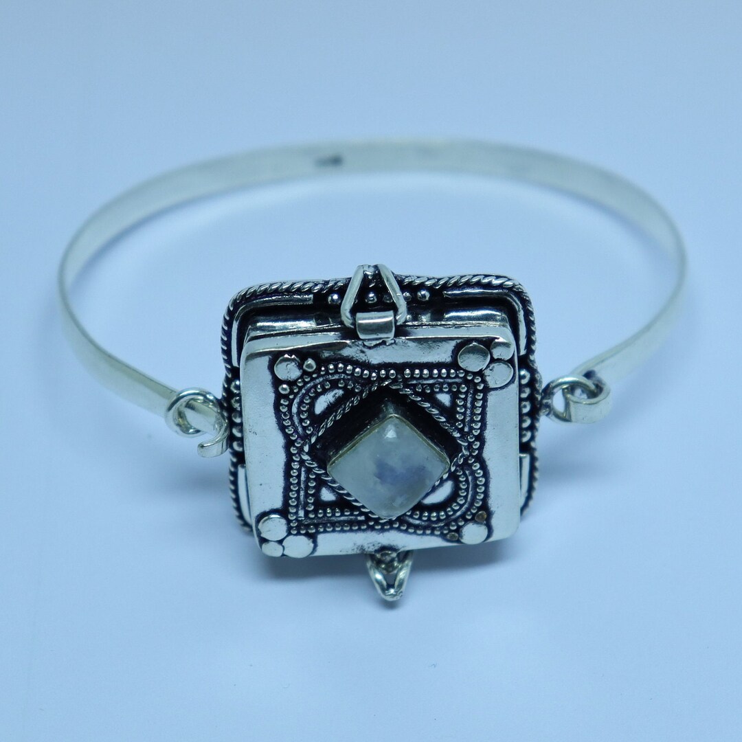 Moonstone Poison Box Bangle, Sterling Silver Plated Handmade ...