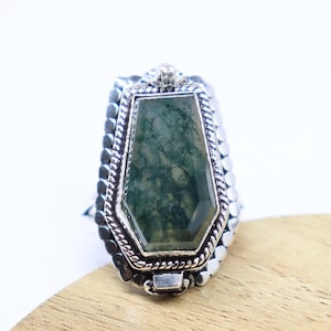 Coffin Shaped Natural Green Moss Agate Poison Ring, Handmade Compartment Ring, Secret Pill Box Ring, Silver Plated Poison Ring, Gift For Her