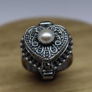 Pearl Poison Ring, Handmade Compartment Ring, Black Rhodium Pill Box Ring, Locket Ring, Women Ring, June Birthstone Jewelry Mother Day Gift