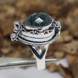 Moss Agate Poison Ring, 92.5 Sterling Silver Ring, Handmade Poison Ring, Compartment Box Ring Secret message Box, Women&#39;s Ring, Gift For Her